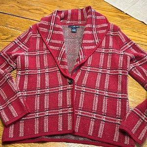 Willi Smith red plaid shawl collar jacket. Soft knit fabric, size Medium